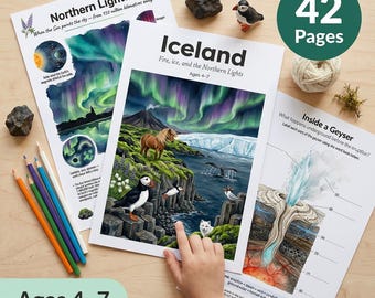 Iceland Worksheets for Kids | Volcanoes Glaciers Puffins | Ages 4-7 | Northern Lights Geysers | Viking Culture | Printable PDF