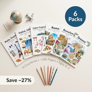 May include: A collection of six children's travel activity books, each featuring a different country, with illustrations of landmarks and cultural elements. The books are accompanied by colored pencils and a globe. The text on the books reads "Paris, France", "Dubai, UAE", "Japan Explore", "Rome", "Barcelona", and "Greece".