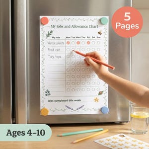 以下が含まれることがあります： 緑の植物の縁取りが施された白いMy Jobs and Allowance Chart。曜日ごとの列と、水やり、猫の餌やり、おもちゃの片付けなどのタスク行があり、4つのマグネットで金属面に固定されています。