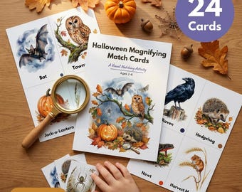 Halloween Magnifying Match Cards Printable | Montessori Matching | Nocturnal Animals | Watercolour Nature Cards | Ages 2-6 PDF
