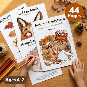 Può includere: Un kit di artigianato autunnale per bambini dai 4 ai 7 anni, con una maschera da volpe rossa, un riccio e disegni di foglie. Il pacchetto include 44 pagine con istruzioni per creare, indossare e decorare. Include matite colorate e il testo "Autumn Craft Pack".
