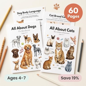 Dogs Cats Bundle | Watercolour Breeds, Body Language Worksheets (Ages 4-7)
