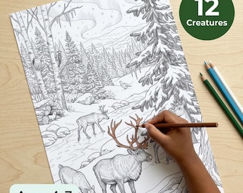 May include: A black and white coloring page featuring a winter forest scene with various animals, including reindeer, deer, and birds. The page includes the text 12 Creatures and Ages 4-7. A brown colored pencil is shown coloring the reindeer antlers.