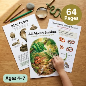 May include: An educational book titled "All About Snakes" with illustrations of various snakes, a magnifying glass, and pencils. The book is open to a page with a green snake illustration. The text "Ages 4-7" is visible.