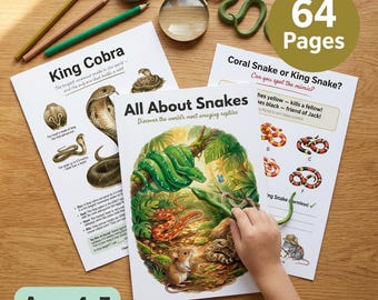 Snake Worksheets | Kids Science | Ages 4-7 | King Cobra Python Rattlesnake | Venomous | Reptile | 10 Species | 64 Pages | Printable PDF