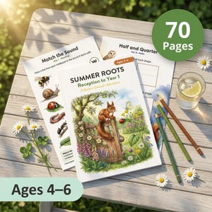 May include: A 70-page educational workbook titled Summer Roots Reception to Year 1 A Nature Summer Adventure, featuring a squirrel illustration on the cover, alongside a Match the Sound worksheet, a Half and Quarter math sheet, and three colored pencils.