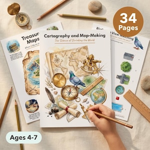 Può includere: Un libro di attività educativo di 34 pagine intitolato Cartography and Map-Making: The Science of Shrinking the World, con illustrazioni di una bussola, un mappamondo, un sestante, una penna d'oca e un piccione. Progettato per bambini dai 4 ai 7 anni.