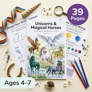Schede didattiche sugli unicorni per bambini / Cavalli magici / Età 4-7 / Pegaso Arcobaleno: crea il tuo unicorno / Scienza dei cavalli vera / PDF stampabile