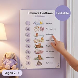May include: A white poster titled Emma's Bedtime Little Routines with numbered steps one through eight. Each step features a watercolor illustration of bedtime activities including bath time, pajamas, brushing teeth, reading, and sleeping.