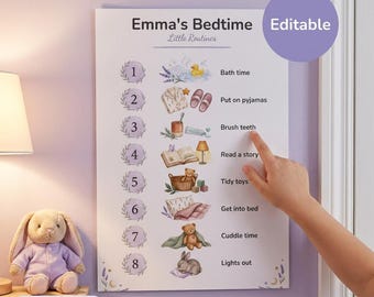 Bedtime Routine Chart for Kids | Editable Sleep Poster | Toddler Daily Routine | Visual Schedule | Printable PDF | Ages 2-7