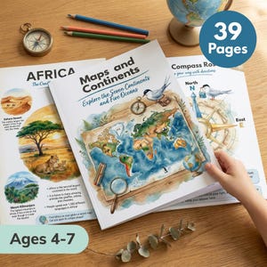 Världskarta och kontinenter Arbetsblad | Geografi för barn | Åldrar 4-7 | Sju kontinenter Fem hav | Kompassfärdigheter | Utskrivbar PDF