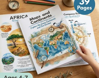 World Map and Continents Worksheets | Geography for Kids | Ages 4-7 | Seven Continents Five Oceans | Compass Skills | Printable PDF