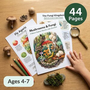 Peut inclure: Un pack d'exploration de la nature pour petits scientifiques, avec le texte "Mushrooms & Fungi". La couverture présente une illustration colorée de divers champignons. Comprend le texte "Fly Agaric" et "Ages 4-7". Une loupe et des crayons de couleur sont également visibles.