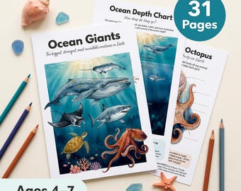 Ocean Giants Worksheets | Whale Shark Dolphin Octopus | Ages 4-7 | Marine Life Science | Deep Sea Animals | Printable PDF