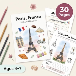 Puede incluir: Un conjunto de páginas de actividades con temática de viajes para niños de 4 a 7 años, con ilustraciones de monumentos parisinos como la Torre Eiffel y macarons. La portada dice "Paris, France" y "30 Páginas".