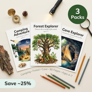 Może przedstawiać: Zestaw trzech książek z aktywnościami dla dzieci o tematyce przyrodniczej: Camping Adventure, Forest Explorer i Cave Explorer. Każda książka zawiera kolorowe ilustracje i jest przeznaczona dla dzieci w wieku 4-7 lat. Zawiera ołówki i kompas. Tekst mówi "Save ~25%."