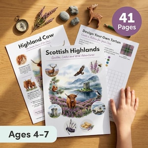 以下が含まれることがあります： 「Scottish Highlands」というタイトルの子供向けアクティビティブック。城、湖、野生生物のイラストが描かれています。この本は41ページで、4〜7歳向けに設計されています。「Highland Cow」と「Design Your Own Tartan」の追加ページが含まれています。