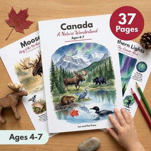 May include: A softcover book titled Canada A Nature Wonderland Ages 4-7 with 37 pages. The cover features a watercolor illustration of mountains, a forest, a moose, a black bear, a beaver, a heron, and a loon. Lex and Fox Press is printed below.