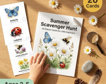 Summer Scavenger Hunt Toddler | Montessori Nature Cards | Ages 2-5 | Outdoor Activity | Butterfly Bee Daisy | 20 Cards | Printable PDF