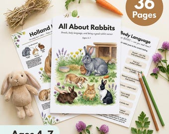 Rabbit Worksheets for Kids | All About Rabbits | Ages 4-7 | Bunny Breeds Body Language | Binkying Pet Care | Printable PDF