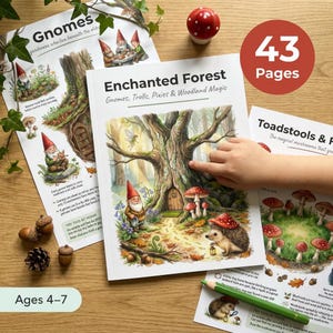 Puede incluir: Un libro de actividades infantiles titulado "Bosque Encantado" con ilustraciones de gnomos, trolls, duendes y magia del bosque. El libro tiene 43 páginas y está diseñado para niños de 4 a 7 años. Páginas adicionales muestran setas y gnomos.