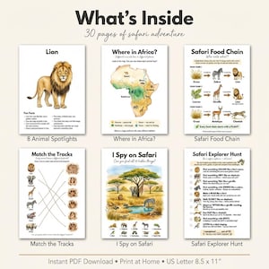 May include: A collection of printable safari adventure pages. Includes animal spotlights, a map of Africa, food chain diagrams, a matching game, an I Spy game, and a safari explorer hunt. The pages are US Letter size, 8.5 x 11 inches.