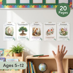 Könnte beinhalten: Fünf Lernposter mit Illustrationen einer Eule, eines Baums, eines Fuchses, zweier Vögel und eines Kompasses mit Blumen. Jedes Poster zeigt einen Titel wie Inquirers, Knowledgeable, Thinkers, Communicators oder Principled mit erklärendem Text.