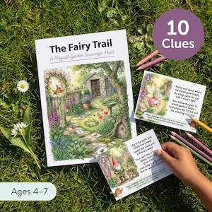 Puede incluir: Un juego de búsqueda del tesoro infantil, "The Fairy Trail", con una ilustración de jardín. Incluye 10 pistas, dos tarjetas de pistas y lápices de colores. Para niños de 4 a 7 años.