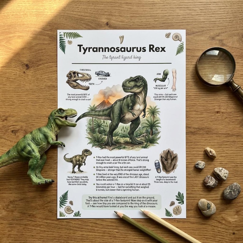 May include: An educational poster titled Tyrannosaurus Rex featuring a central green dinosaur illustration, anatomical diagrams, and text facts. The poster includes a T-Rex skull, arm, and footprint graphic, surrounded by fern and fossil motifs.