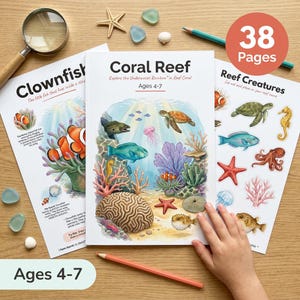 May include: A 38-page educational activity book titled Coral Reef for ages 4-7, featuring watercolor illustrations of sea turtles, clownfish, and coral. The set includes additional sheets with reef creature cutouts and descriptive text.