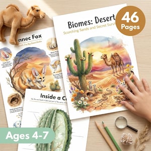 以下が含まれることがあります： 「Biomes: Desert」および「Fennec Fox」と題された教育用アクティビティシート。砂漠の風景、サボテン、ラクダ、野生動物の水彩画が描かれています。4〜7歳向けの46ページ構成で、ラクダのぬいぐるみ、虫眼鏡、鉛筆がセットになっています。