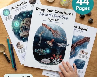 Deep Sea Creatures Worksheets | Anglerfish Giant Squid | Ocean Unit Study Marine Biology | Ages 4-7 | Printable PDF