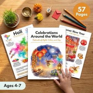 May include: Three educational activity sheets titled Celebrations Around the World, Holi, and Lunar New Year, featuring colorful illustrations of lanterns, fireflies, and festive scenes, alongside a small potted plant, a dreidel, and colored pencils.
