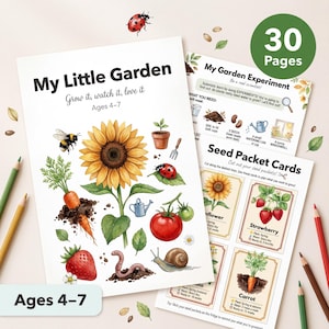 Kids Garden Activity Pack | Sunflower, Strawberry, Carrot | Ages 4-7 (Printable PDF)