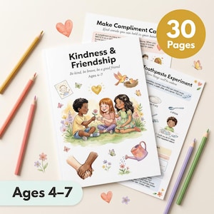 May include: A children's activity book titled "Kindness & Friendship" with illustrations of children, flowers, and butterflies. The book has 30 pages and is designed for ages 4-7. Colored pencils and additional activity sheets are also visible.