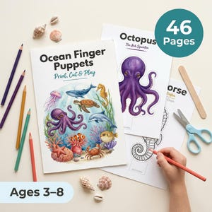 May include: A collection of ocean-themed finger puppet printables. The cover art features an octopus, jellyfish, and other sea creatures. The set includes 46 pages and is designed for ages 3-8. Colored pencils, scissors, and seashells are also visible.