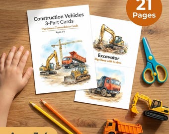 Construction Vehicles 3-Part Cards | Montessori Toddler | Ages 3-6 | Excavator Dump Truck Crane | 12 Vehicles | Printable PDF