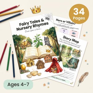 May include: A children's activity book titled "Fairy Tales & Nursery Rhymes" with illustrations of storybook scenes. The book includes a story map and is designed for ages 4-7. Colored pencils and a gold crown are also visible.