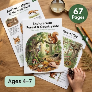 May include: A collection of children's educational books with woodland themes. The main book, "Explore Your Forest & Countryside," features illustrations of a squirrel, fox, and woodpecker. Additional books include "Red Fox - Master of the Woodland" and "Forest I Spy." The books are for ages 4-7.