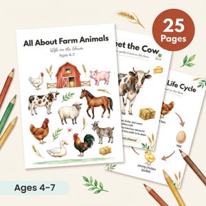 以下が含まれることがあります： 4～7歳向けの、農場の動物をテーマにした教育用アクティビティページ。ページには、農場の動物、納屋のイラスト、および「All About Farm Animals」と「25 Pages」というテキストが掲載されています。色鉛筆が見えます。