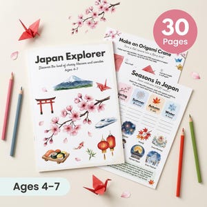 May include: A workbook titled "Japan Explorer" for ages 4-7, featuring illustrations of Japanese landmarks, cherry blossoms, and origami cranes. Includes 30 pages and colored pencils.