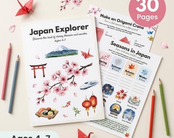 Japan-arbetsblad för barn | Tokyos körsbärsblommor-origami | Åldrar 4-7 | Japansk kultur Sushi-kimono | Berget Fuji | Utskrivbar PDF