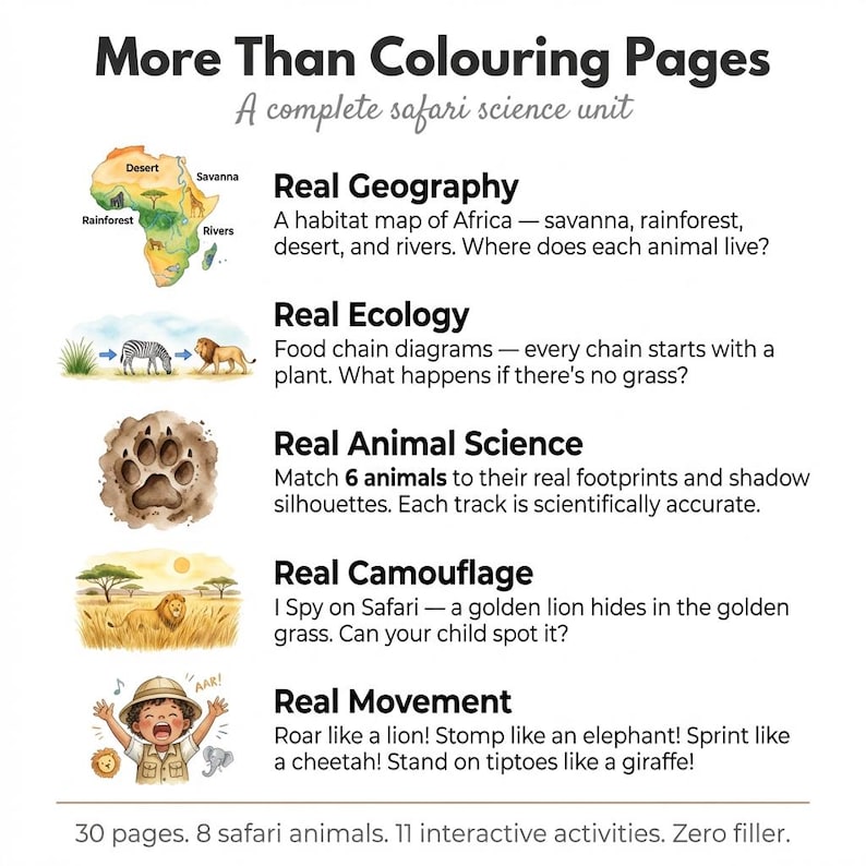 May include: A white educational print titled "More Than Colouring Pages" with safari-themed science activities. Includes a map of Africa, food chain diagrams, animal footprints, camouflage, and movement exercises. Features 30 pages, 8 animals, and 11 activities.