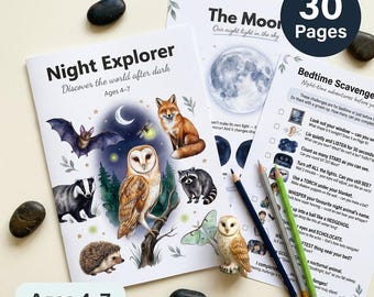 Nocturnal Animals Worksheets | Night Explorer | Ages 4-7 | Owl Bat Fox Hedgehog | Moon Phases | I Spy | Printable PDF