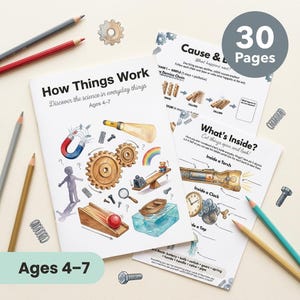Puede incluir: Un conjunto de cuadernos educativos titulados "How Things Work" para niños de 4 a 7 años, con ilustraciones coloridas de conceptos científicos. La portada muestra un imán, engranajes y un arcoíris. El conjunto incluye 30 páginas.