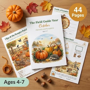 Puede incluir: Un libro de actividades educativas de 44 páginas titulado The Field Guide Year October Harvest and Pumpkins para edades de 4 a 7 años. La portada presenta una ilustración en acuarela de calabazas y un erizo. Incluye hojas de actividades.