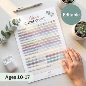May include: A printed chore chart titled Alex's CHORE CHART with sections for daily and weekly tasks, featuring watercolor-style pastel bars, checkboxes for each day of the week, and the text Lex and Fox Press at the bottom of the white paper sheet.