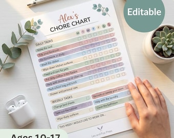 Teen Chore Chart | Editable Canva Template | Weekly Planner Tweens and Teens | Personalise with Name | Ages 10-17