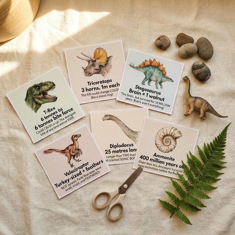 May include: A collection of dinosaur-themed educational cards with illustrations of a T-Rex, Triceratops, Stegosaurus, Velociraptor, Diplodocus, and Ammonite. The cards include facts and measurements. A toy dinosaur, rocks, scissors, and a fern are also present.