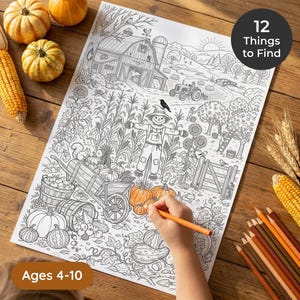 May include: A black and white farm-themed coloring sheet featuring a scarecrow, a barn, a tractor, pumpkins, and sunflowers. The page includes the text 12 Things to Find and Ages 4-10. An orange pencil is held over the paper to color the scene.